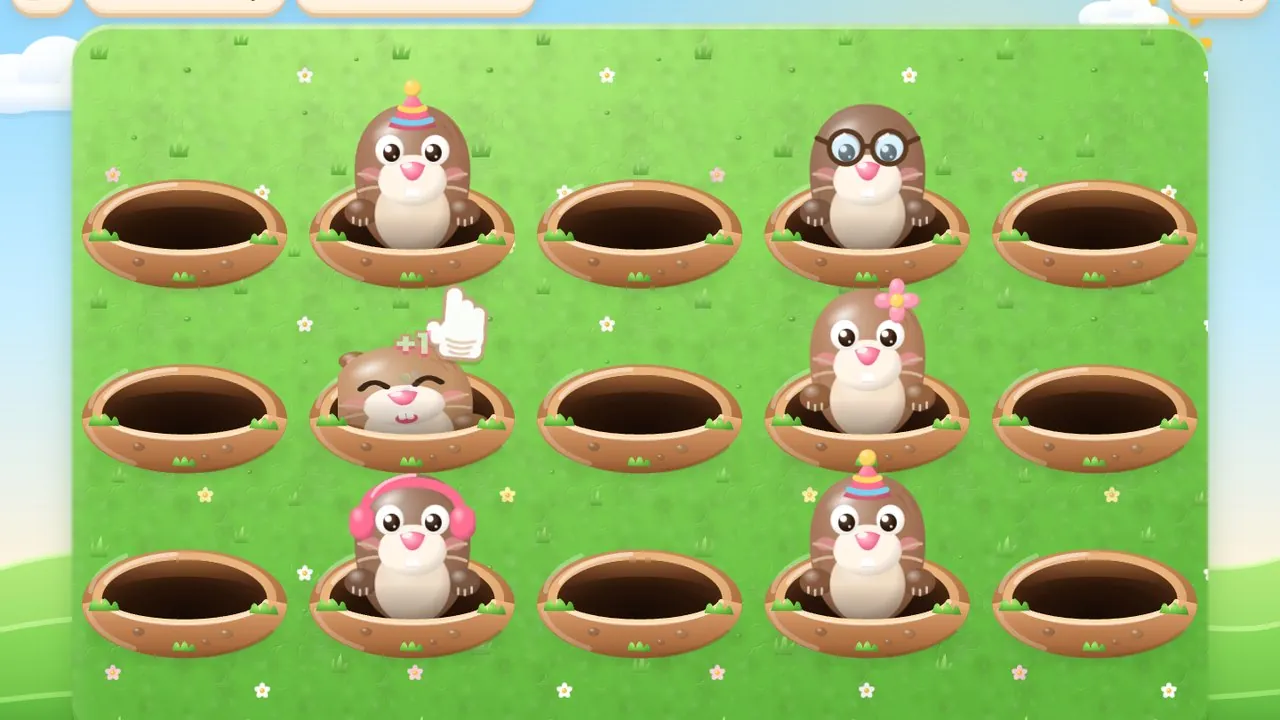 Clay moles popping out of their holes in a Mole Holes field